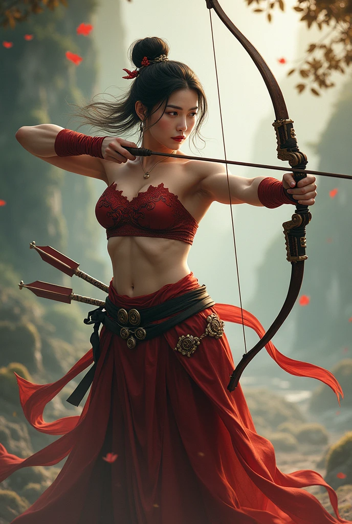 Em geral'femme, Thick muscles and bow and arrow, broader shoulders, muscular arms , very muscly, super heavy muscles. Korean lady, Woman, extremely pretty, super sexy, aged 50, Samurai Pearl