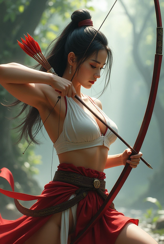Em geral'femme, Thick muscles and bow and arrow, broader shoulders, muscular arms , very muscly, super heavy muscles. Korean lady, Woman, extremely pretty, super sexy, aged 50, Samurai Pearl