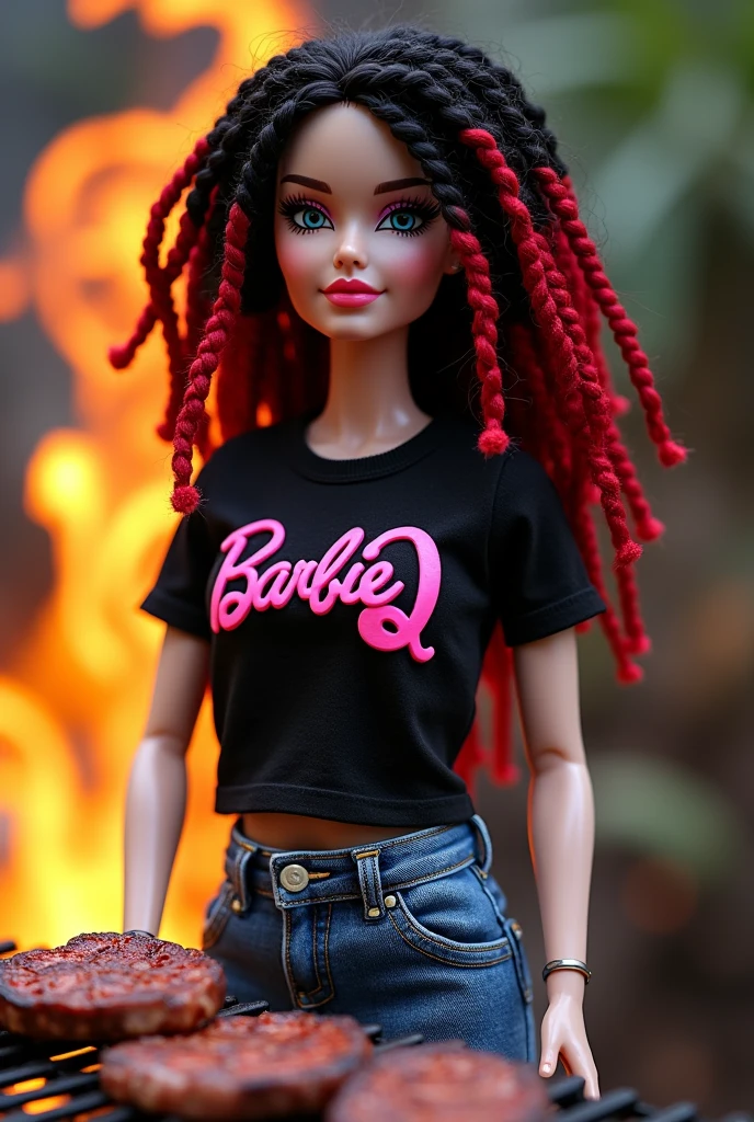 White skinned Barbie with blackred dreadlocks wearing a black shirt with "BarbieQ" written in pink letters over the breast, wearing blue jeans, grills steaks on high flame