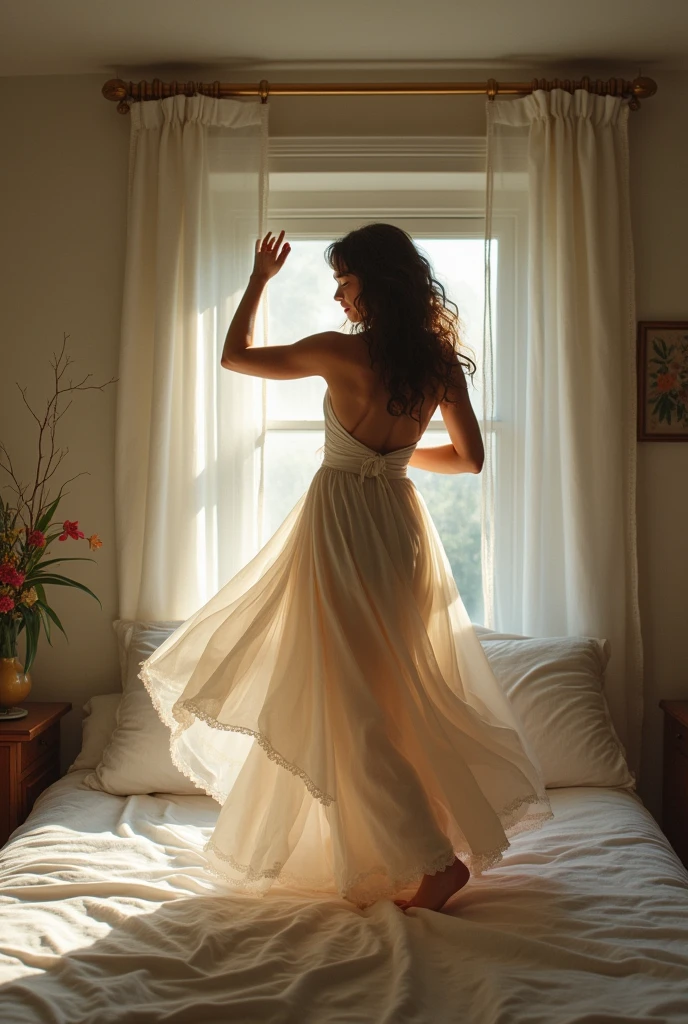 (photorealism:1.2), dancing on bed