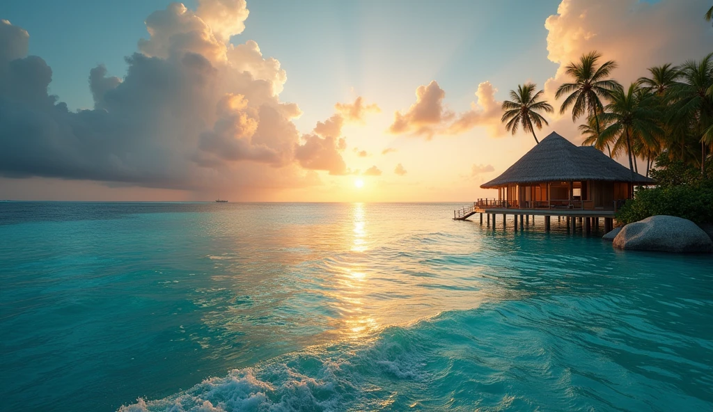 a breathtaking epic vista of the sea from a hotel in the Maldives, highly detailed, photorealistic, 8k, cinematic lighting, dramatic clouds, crystal clear waters, luxury hotel, overwater bungalow, palm trees, tropical paradise, warm lighting, atmospheric, serene, calm ocean waves, golden hour, stunning landscape, masterpiece