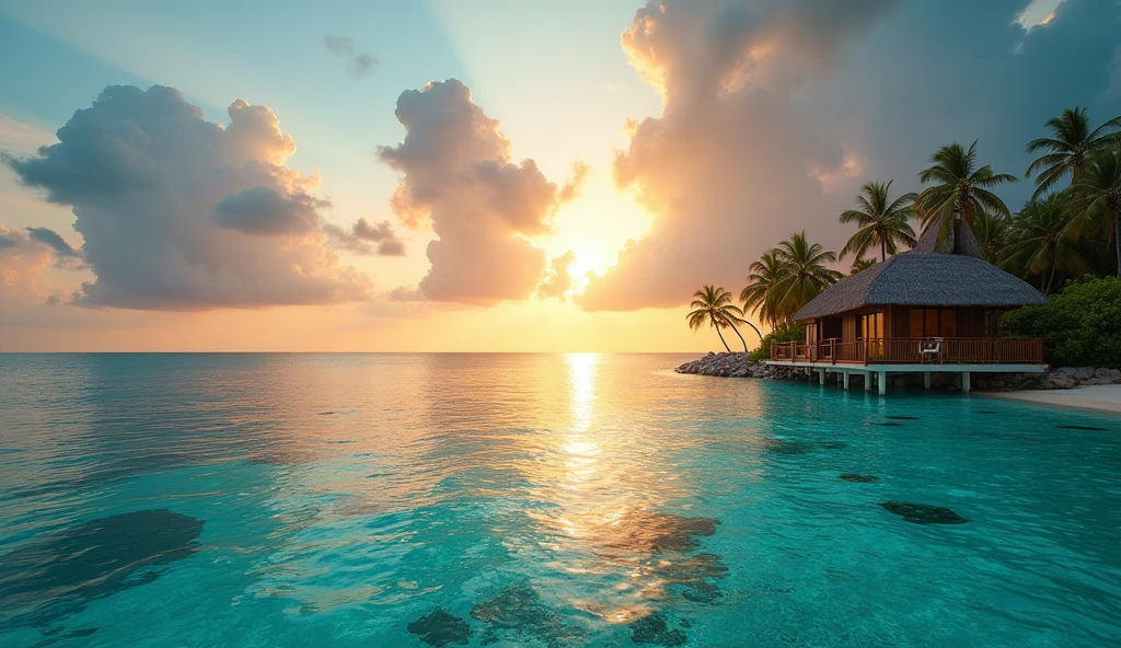 a breathtaking epic vista of the sea from a hotel in the Maldives, highly detailed, photorealistic, 8k, cinematic lighting, dramatic clouds, crystal clear waters, luxury hotel, overwater bungalow, palm trees, tropical paradise, warm lighting, atmospheric, serene, calm ocean waves, golden hour, stunning landscape, masterpiece