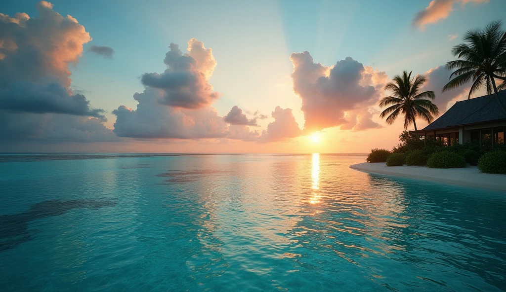 a breathtaking epic vista of the sea from a hotel in the Maldives, highly detailed, photorealistic, 8k, cinematic lighting, dramatic clouds, crystal clear waters, luxury hotel, overwater bungalow, palm trees, tropical paradise, warm lighting, atmospheric, serene, calm ocean waves, golden hour, stunning landscape, masterpiece