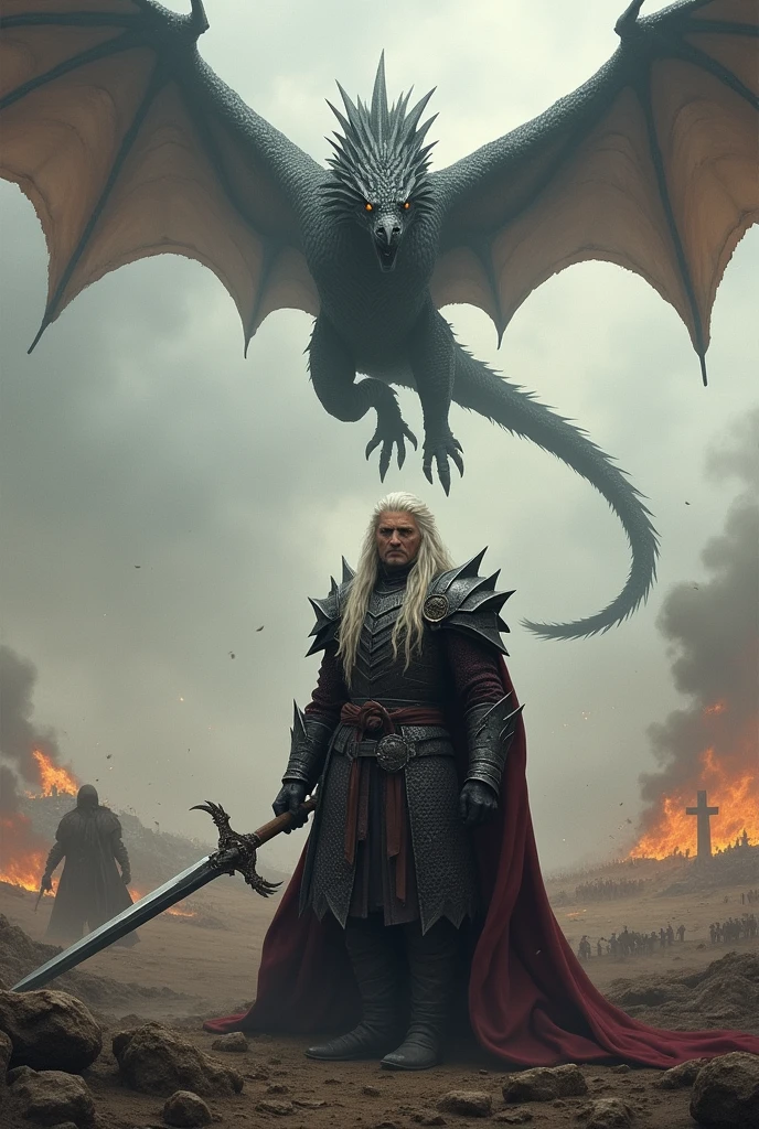 Make a detailed image of *aegon targaryen*, a white haired warrior, on battlefield, with his dragon flying in the sky