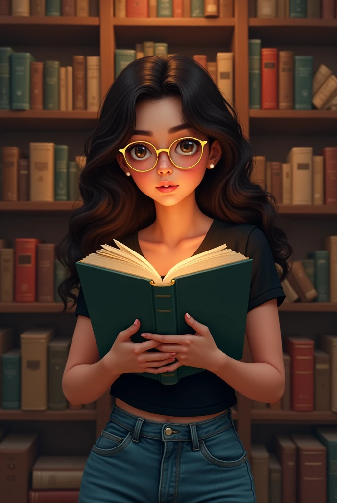 A girl with long curly dark brown hair, with gold glasses, wearing a black short sleeve top and flared denim pants reading " Women" in a room with a large bookshelf and many books arranged in the background