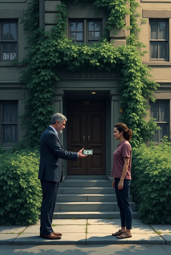 A man with a dollar in his hand giving it to a skinny woman at the entrance of a four-story building whose entrance to the building is full of bushes