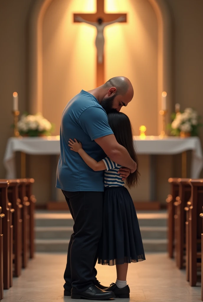 A 40 year old bald man with black hair smiling in a blue t-shirt, black pants and dress shoes 1.60 tall, 65 kilos, hugging a 2, , Joãozinho hair.55 tall 55 kilos wearing a long black skirt black shoes and blue striped shirt in front of the tabernacle at the Sacred Merciful Heart of Jesus sanctuary 