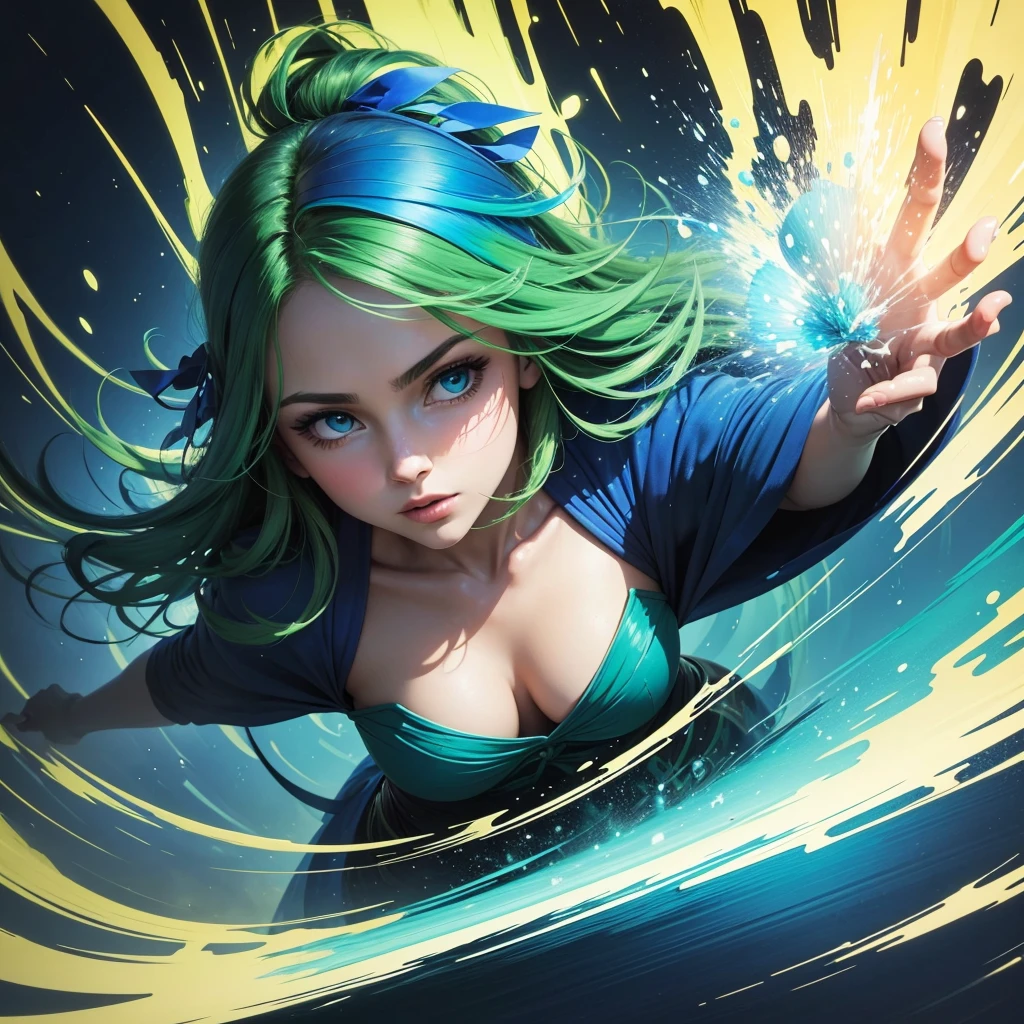 image for painting, An explosion of blue and green tones creates lines and an elegant circle