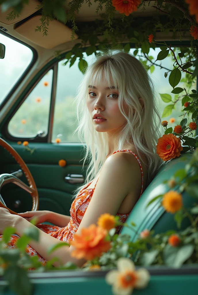 a girl with white hair sitting in car filled withflowers, art by Rinko Kawauchi, in the style ofnaturalistic poses, vacation dadcore, youthfulenergy, a coolexpression, body extensions, flowersin the sky, analog film, super detail, dreamy lofiphotography, colourful, covered in flowers andvines, Inside view, shot on fujifilm XT4 --q 2 --v 5 --ar 3:4