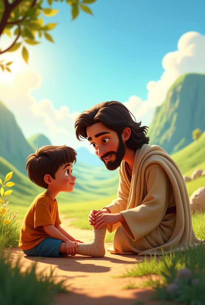 A 3D movie poster in Disney-Pixar style of Jesus as a  helping his friend that broke his ankle