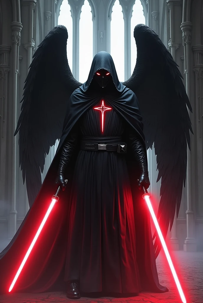 a jedi templar knight with black angel wings, a crucifix on his chest and in front of a gothic church with a crimson lightsaber and red eyes without armor
