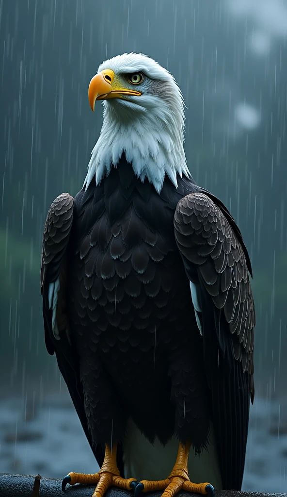 Create an ultra realistic 8k image of a bald eagle in the rain at night