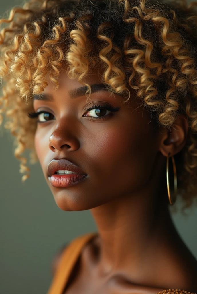 A woman with dark brown skin tone, with blond and curly hair, eyes black, thin lips and straight nose