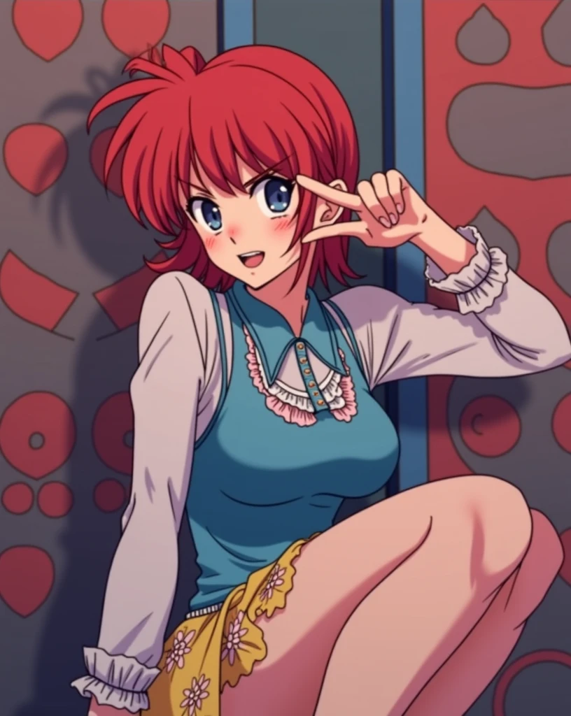 Colored female Saotome Ranma prototype, make a girl,Clear contours, Colorful full body photos, (Beautiful and delicate eyes), (pretty face:1.3), ish face, Red short hair with single ponytail, (Bangs), bumpy Bangs, blue gray eyes, big eyes,Large Breas body image, Fitted white long-sleeved shirt(細Floral及蕾絲邊),Yellow printed long skirt(actual:1.2),(Floral), (actual:1.7),Face the camera head-on,Bend one foot slightly against the calf of the other leg,Make a Y gesture with your hands。