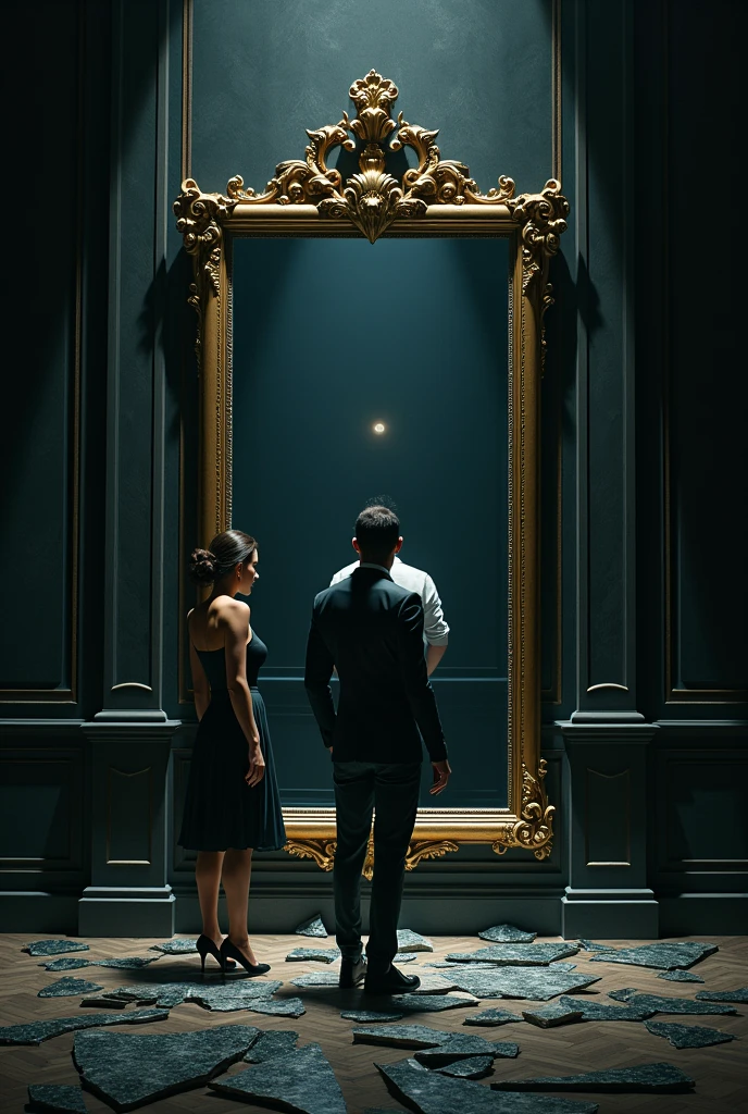 A cinematic, hyper-realistic book cover for an eBook in Portuguese titled 'Anti-Narcissist.' The cover depicts a dramatic scene of a couple in conflict, with the man embodying narcissistic traits, standing in front of a large, ornate mirror that reflects a distorted image of him. The woman stands firm but vulnerable, resisting his influence. The background is a dark, opulent room with broken mirrors on the floor. The title 'Anti-Narcissist' is prominently displayed at the top in a bold, elegant font. The subtitle 'The breaking of the mirror' is displayed below in a smaller, complementary font. Remove all other text from the original image. add the text in Portuguese: "Anti-Narcissist" and subtitle "The breaking of the mirror" styled: realisitic/Cinematic Resolution: Bullish (1024x1024 or higher) detalhamento: Maximum Illumination: Dramatic, focusing on clear contrasts and shadows Texture: fine-details, with attention to the composition of the elements (broken mirrors, opulence of the environment) Farbe: Dark and realistic color palette