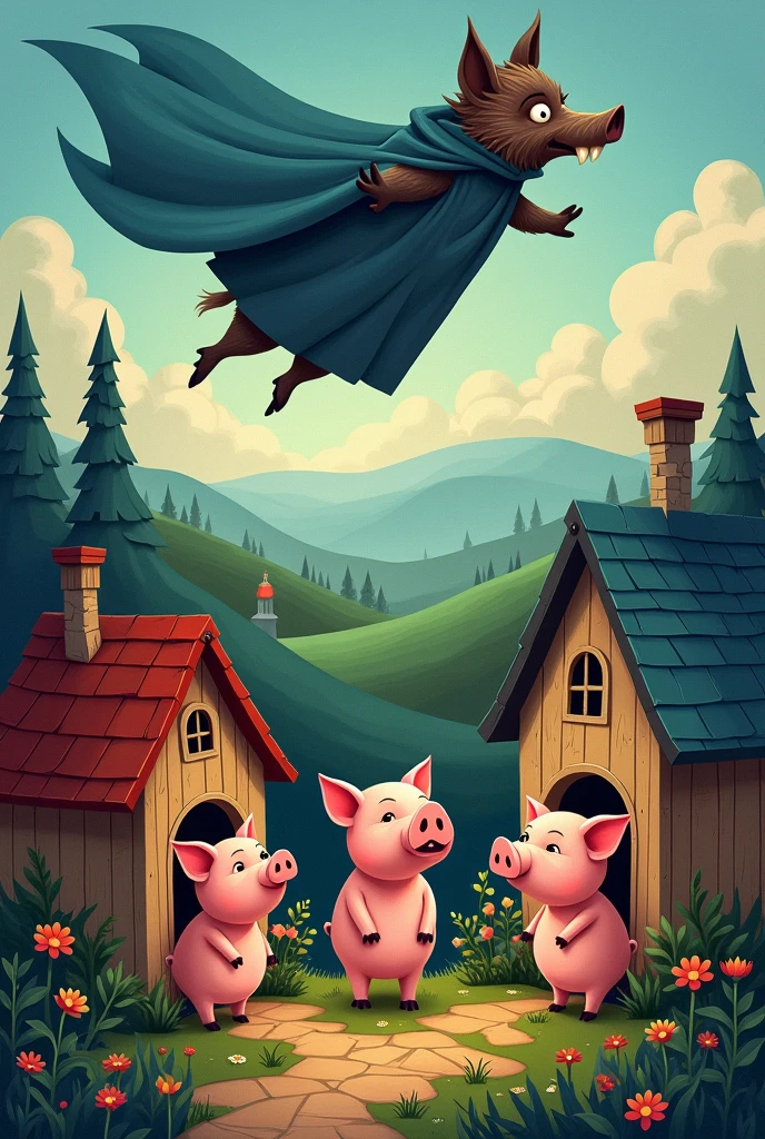 Make a cover for the story of the three little pigs, that the three little pigs can be seen inside their house and the big bad wolf can be seen inspiring fear, looking at them wanting to eat them and you see a witch mother pig flying in the sky. Easy to draw