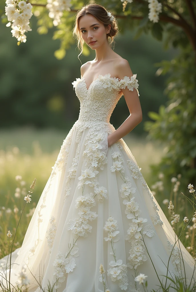 wedding dress with white and delicate printed flowers