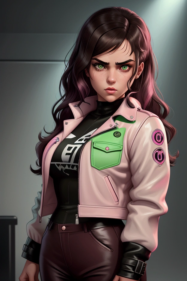 Create the illustration in the digital illustration style inspired by the GTA V loading screens of a young woman who appears to be 1, very dark brown wavy hair, large split to the sides, Very white skin with slightly pink cheeks and light green eyes, wearing leather jacket, Your fatal gaze, Sexy and serious, Her sexy expression, poor lighting. thriller atmosphere. Dark music room background