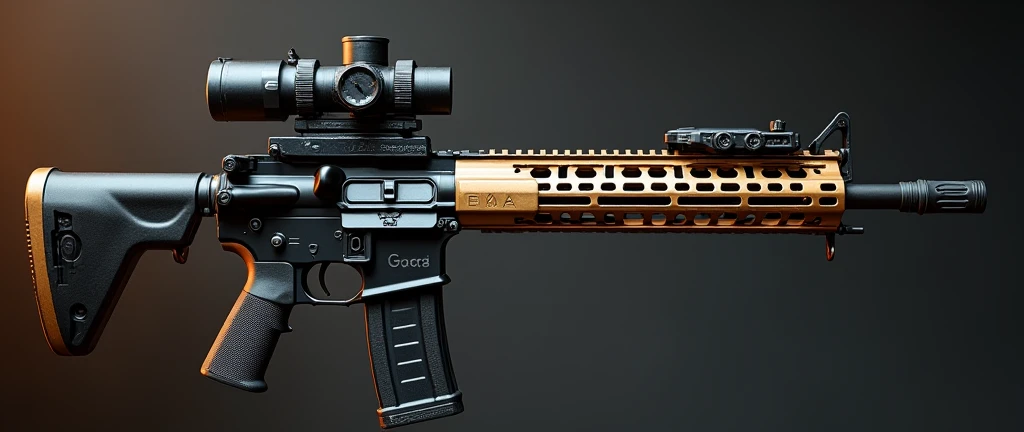 A highly detailed, photorealistic, 8K photograph of a custom-modified modern M4A1 carbine rifle, bronze-colored handguard, LVOA-C style configuration, studio lighting, hyperrealistic, masterful lighting and shading, cinematic composition, intricate textures, premium quality