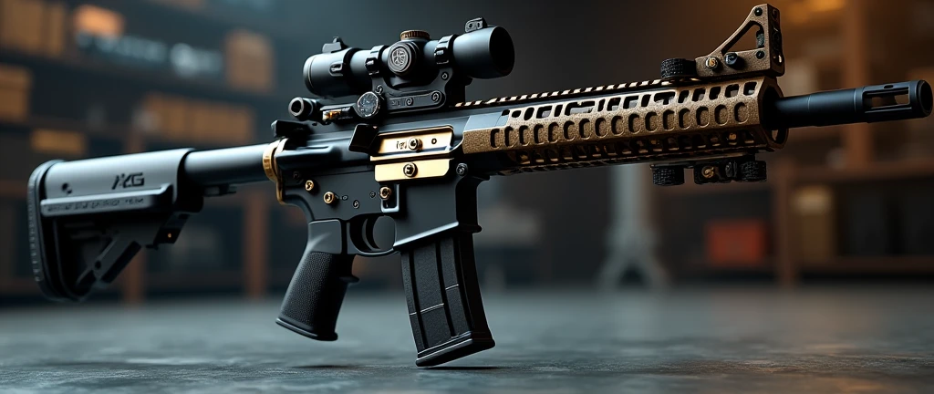 A highly detailed, photorealistic, 8K photograph of a custom-modified modern M4A1 carbine rifle, bronze-colored handguard, LVOA-C style configuration, studio lighting, hyperrealistic, masterful lighting and shading, cinematic composition, intricate textures, premium quality