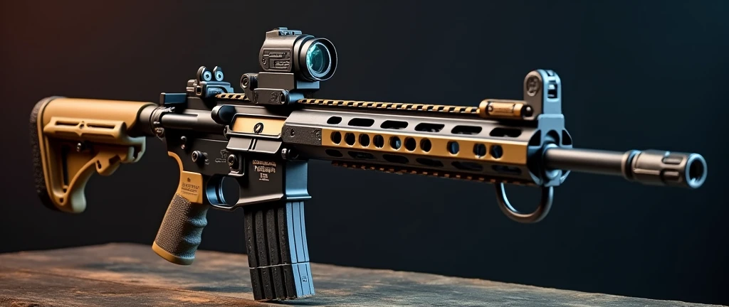 A highly detailed, photorealistic, 8K photograph of a custom-modified modern M4A1 carbine rifle, bronze-colored handguard, LVOA-C style configuration, studio lighting, hyperrealistic, masterful lighting and shading, cinematic composition, intricate textures, premium quality