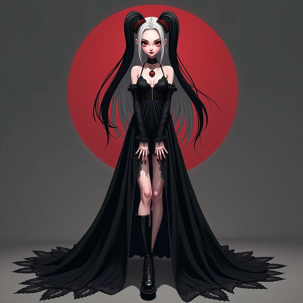 A slender woman with pale white skin wears a long black dress adorned with intricate lace and brocade details. Her long, wavy hair is either jet black or platinum blonde, with a striking red streak in her bangs. Her large, expressive eyes are accentuated with thick eyeliner and colored contact lenses. She accessorizes with a studded leather choker, tall black platform boots, and long nails featuring intricate nail art, creating a dramatic look that blends Gothic and Gyaru styles.(Anime style V2)