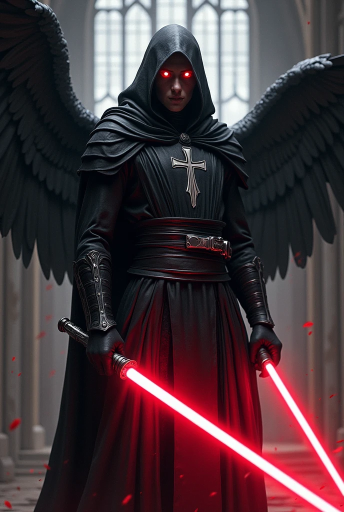 a jedi templar knight with black angel wings, a crucifix on his chest and in front of a gothic church with a crimson lightsaber and red eyes without armor
