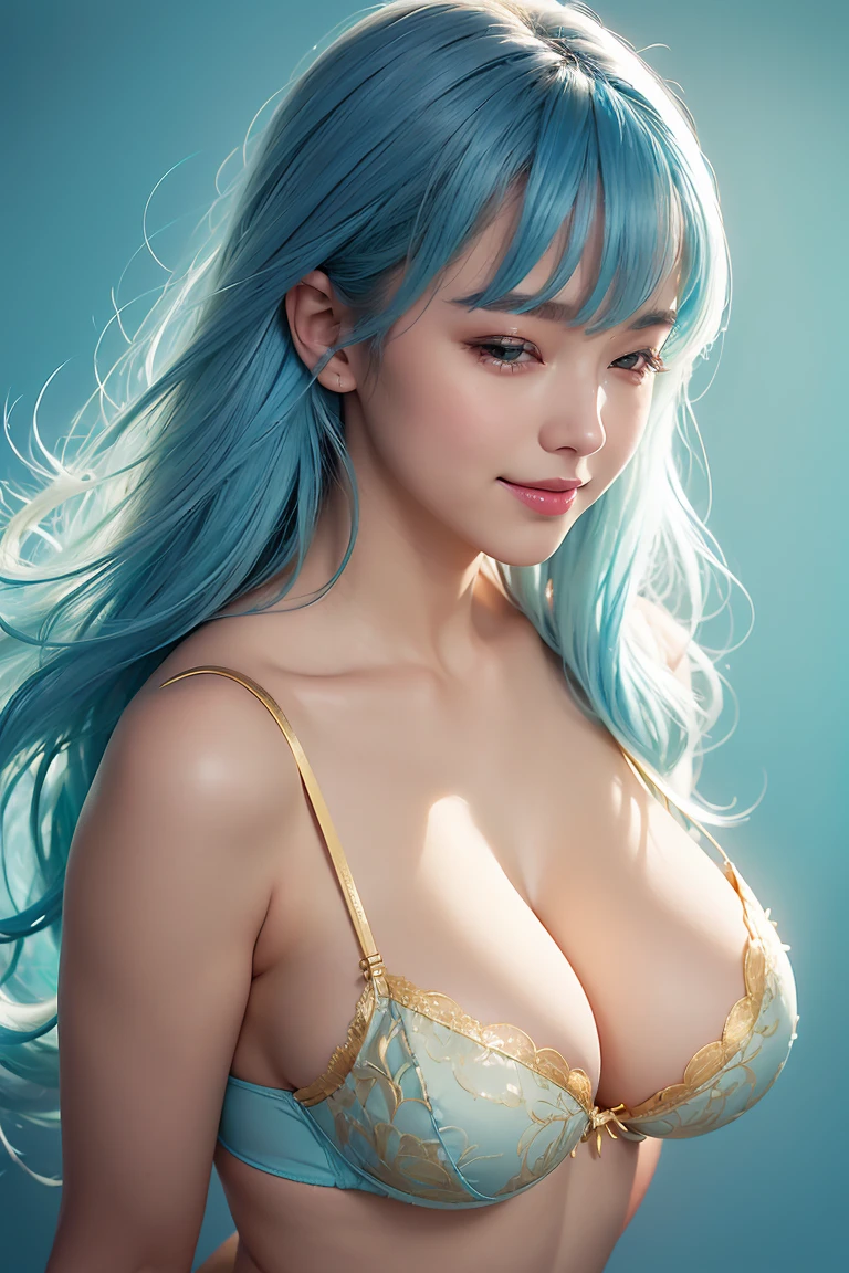 (((cute,Voluptuous body))),BREAK(((Light blue background)))),break((((Beautiful light blue hair,Long Hair)))),BREAK(((Light blue lace lingerie,Luxury Lingerie,Gold embellished lingerie))),BREAK(((Cute smile)))break(Seductive lips:1.3,Lips parted,Bright red lips),break((Upper Body:1.3,Angle from the front:1.3)),break((Beautiful breasts,Saggy boobs)),break,([close your eyes:(I narrowed my eyes.:1.2):11]),breakvery delicate and beautiful art,Beautiful woman portrait,Soft Light,Lens Glow,Soft Clean Focus,Realistic lighting and shading