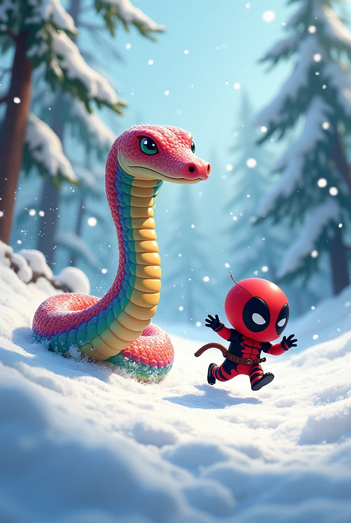 Create a gay snake running away from baby Deadpool in the snow