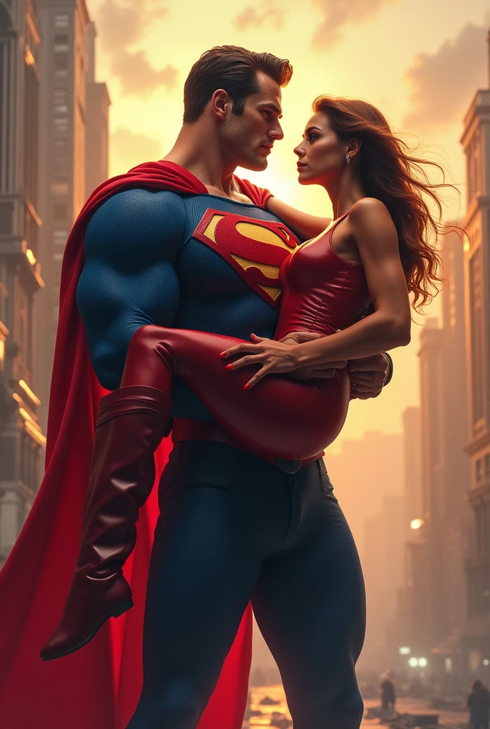 (((high quality:1.2))), Work of art, (8k), extremely detailed, ((High detail:1.2)) ((best resolution)), 2 people, ((Homelander character hugging Firecracker woman)),