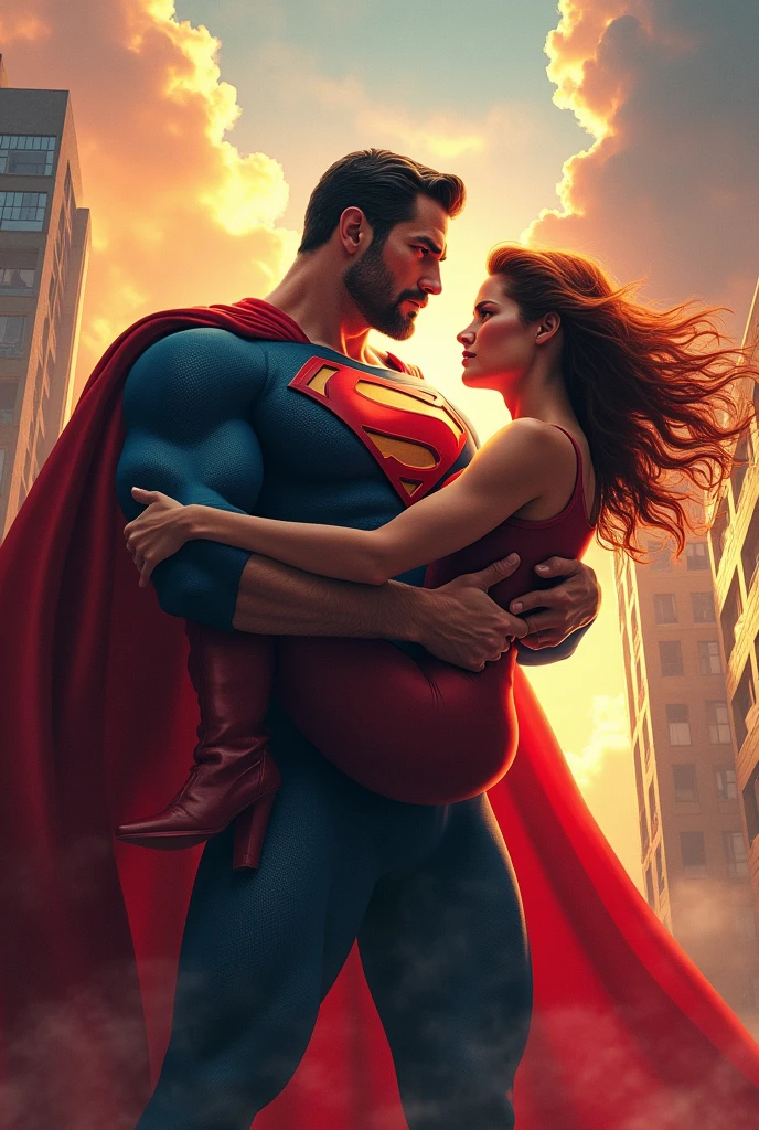 (((high quality:1.2))), Work of art, (8k), extremely detailed, ((High detail:1.2)) ((best resolution)), 2 people, ((Homelander character hugging Firecracker woman)), 