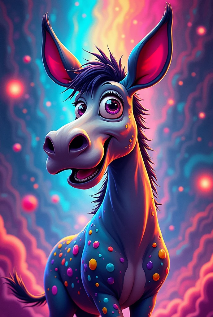 "Create a psychedelic, cartoon-style mule with exaggerated features, vibrant colors, and swirling patterns. The mule should have a fun, playful expression, capturing a lively and adventurous spirit. Use bright, neon colors and abstract shapes to give it a surreal, eye-catching appearance, but keep the overall vibe energetic and joyful