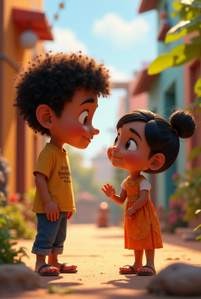 Draw me Noah in pixar style with Kiki: Features of Noe alto, colocho, has a good jaw, big nose protruding eye Noe is white. Features of short kiki with black hair, negro, square shaped head.