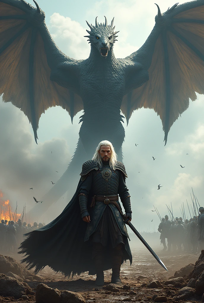 Make a detailed image of *aegon targaryen*, a white haired warrior, on battlefield, with his dragon flying in the sky