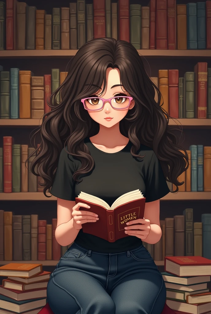 A girl with long curly dark brown hair, with pastel pink glasses with a slightly square shape, wearing a black short sleeve top and flared denim pants reading "Little Women" in a room with a large bookshelf and many books arranged in the background