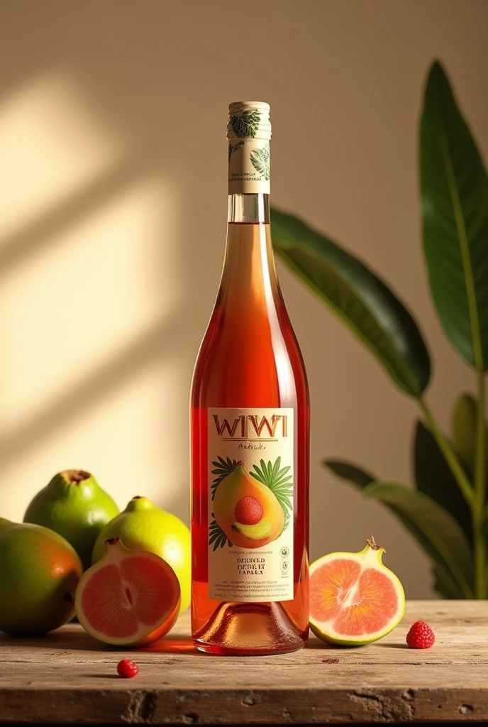 Bottle of guava wine on a table