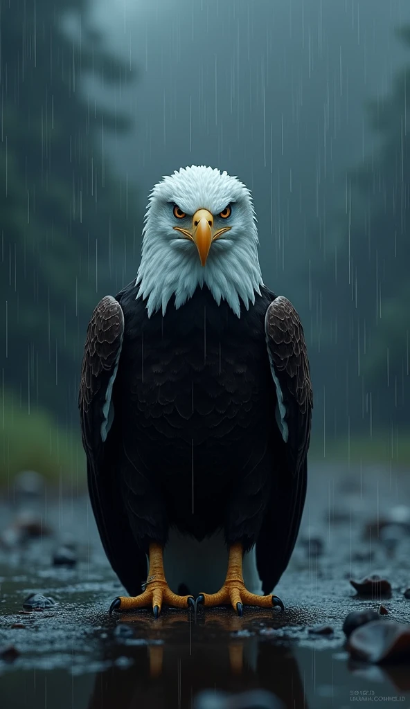 Create an ultra realistic 8k image of a bald eagle in the rain at night