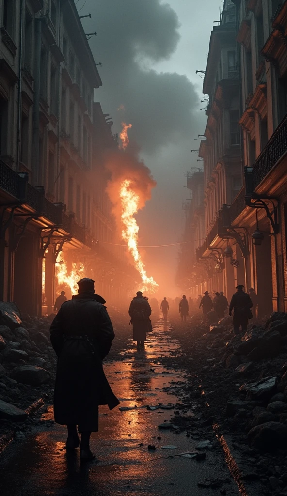 London Under Bombardment: The streets of London during the Blitz, with buildings reduced to rubble, citizens huddled in underground shelters, and fire crews working tirelessly to extinguish fires.
