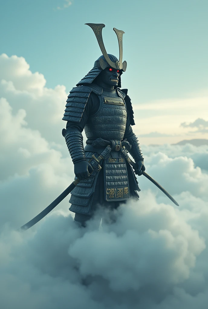Samurai on a cloud , wearing ogre mask , gazing to his right , 