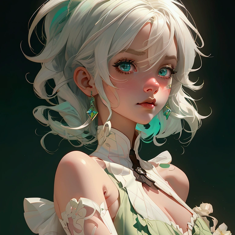 envision a 8k, highres, cinematic, beautiful close up portrait of a short girl named Cecilia Immergreen with multicolored hair, green eyes, doll joints, joints, bare shoulders, detached sleeves, hair between eyes, white hair, dressagainst a dark background