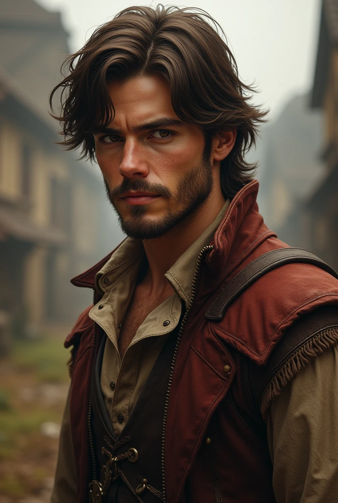 beautiful young man, stubble, medieval clothes, adventurer, gambler, charming, shoulder length brown hair, dark eyes
