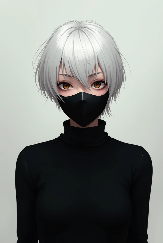 short white hair brown eyes black mask black turtleneck