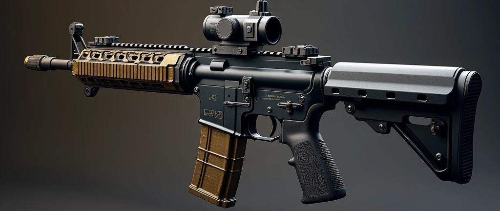 A highly detailed, photorealistic, 8K photograph of a custom-modified modern M4A1 carbine rifle, bronze-colored handguard, LVOA-C style configuration, studio lighting, hyperrealistic, masterful lighting and shading, cinematic composition, intricate textures, premium quality. разные ракурсы