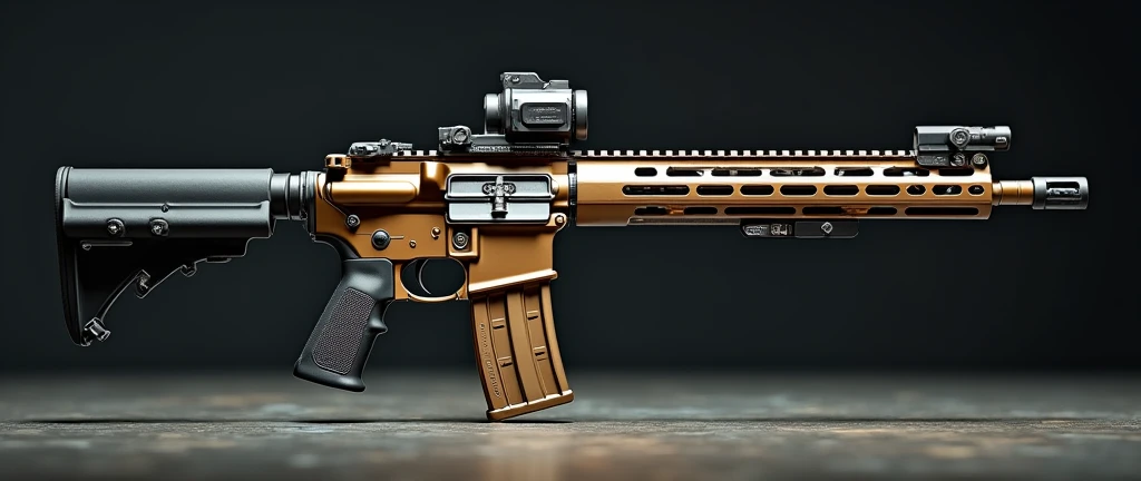 A highly detailed, photorealistic, 8K photograph of a custom-modified modern M4A1 carbine rifle, bronze-colored handguard, LVOA-C style configuration, studio lighting, hyperrealistic, masterful lighting and shading, cinematic composition, intricate textures, premium quality. разные ракурсы