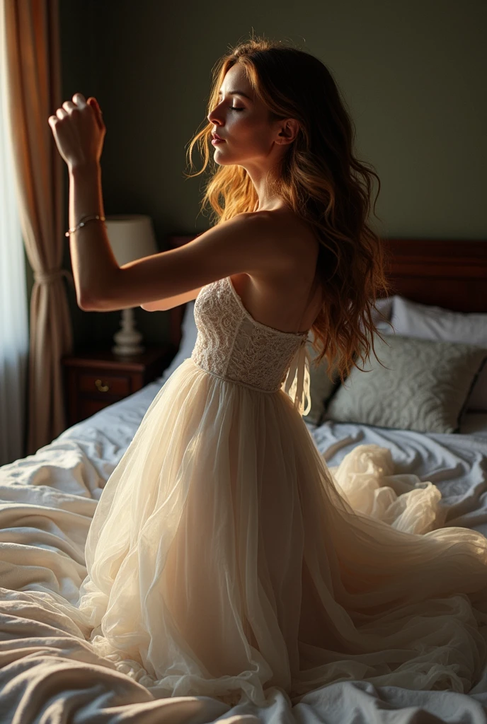 (photorealism:1.2), dancing on bed