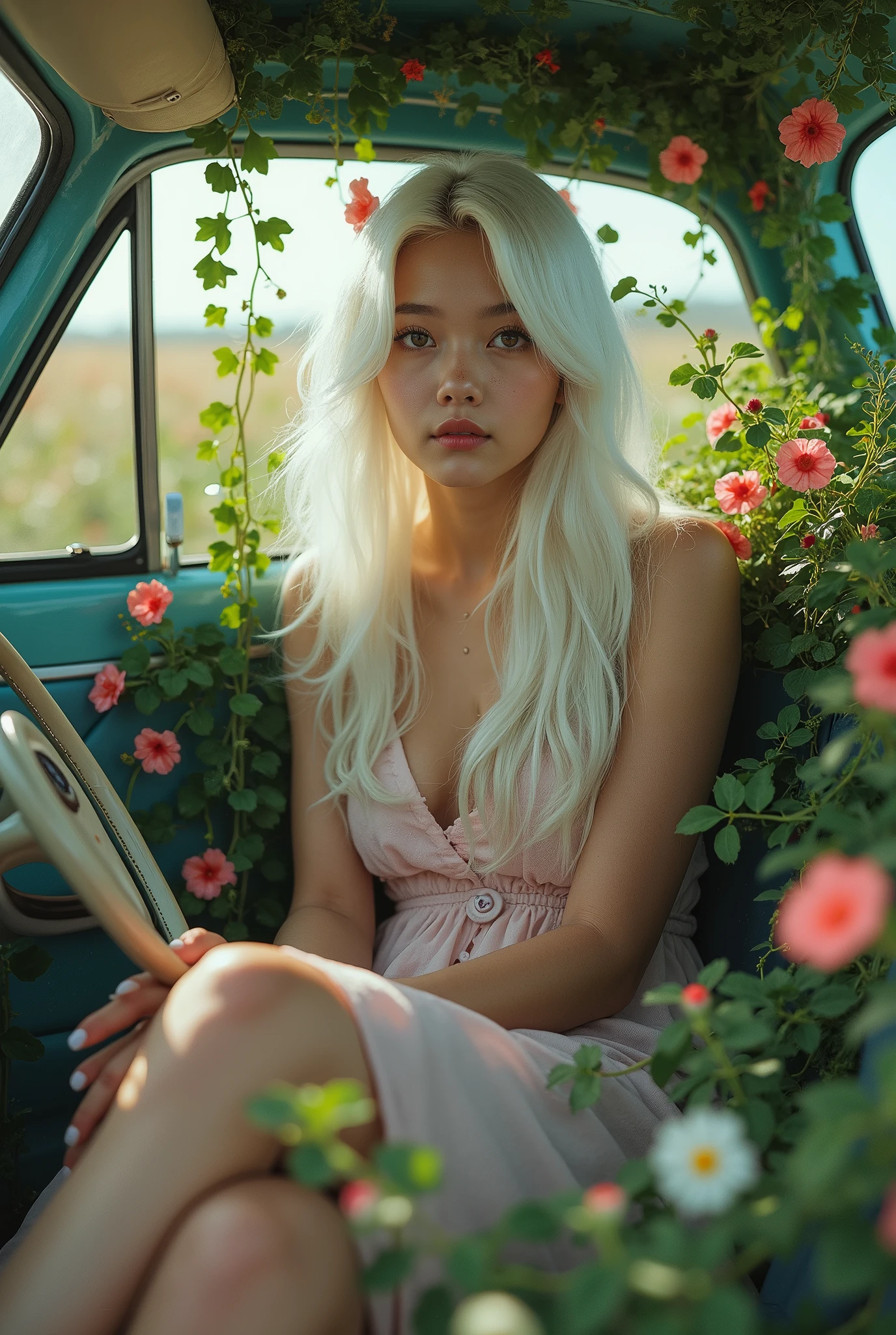 a girl with white hair sitting in car filled withflowers, art by Rinko Kawauchi, in the style ofnaturalistic poses, vacation dadcore, youthfulenergy, a coolexpression, body extensions, flowersin the sky, analog film, super detail, dreamy lofiphotography, colourful, covered in flowers andvines, Inside view, shot on fujifilm XT4 --q 2 --v 5 --ar 3:4 