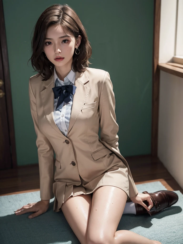 absurdres, RAW photo, extremely delicate and beautiful, masterpiece, Best Quality, ultra high resolution, 16k, hyperrealistic, ultra-detailed, perfect anatomy, super Detailed skin, perfect figure, Very detailed CG 8k wallpaper, in her 20s, very Slim body, narrow waist, very small head, very small face, delicate facial features, tearful mole, earring, thin legs, (very huge round breasts), ((full body shot)), short hair, (wavy hair), light brown hair, 1 girls, ((sweat)), ((school uniform)), (blazer),