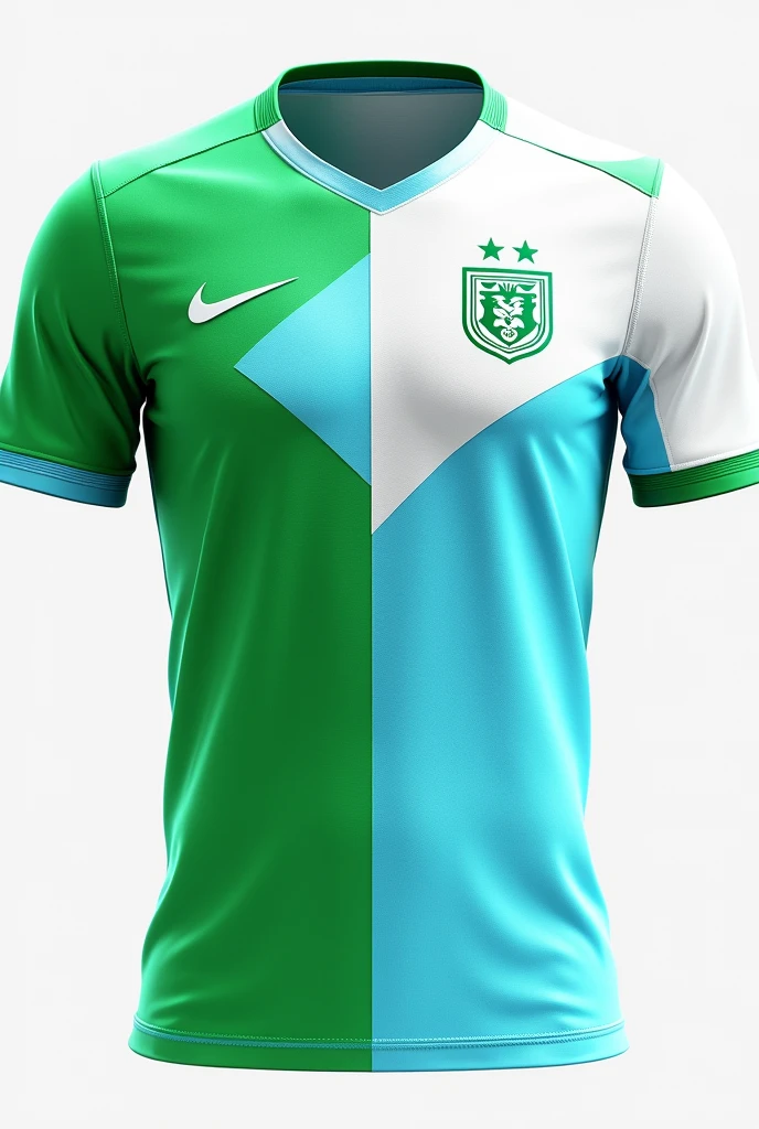 Can you generate another design for me for a soccer shirt with the colors white?, green and light blue, the front of the shirt and also the number