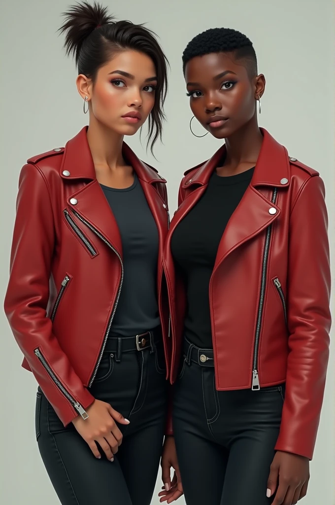 a single 2 woman, light brown skin, oval face, pixie cut, body Weight: 64 kilos, Chest: 89 centimeters, Waist: 66 centimeters, Hips: 94 centimeters He wears a red leather jacket, a black muscle shirt and black jeans.