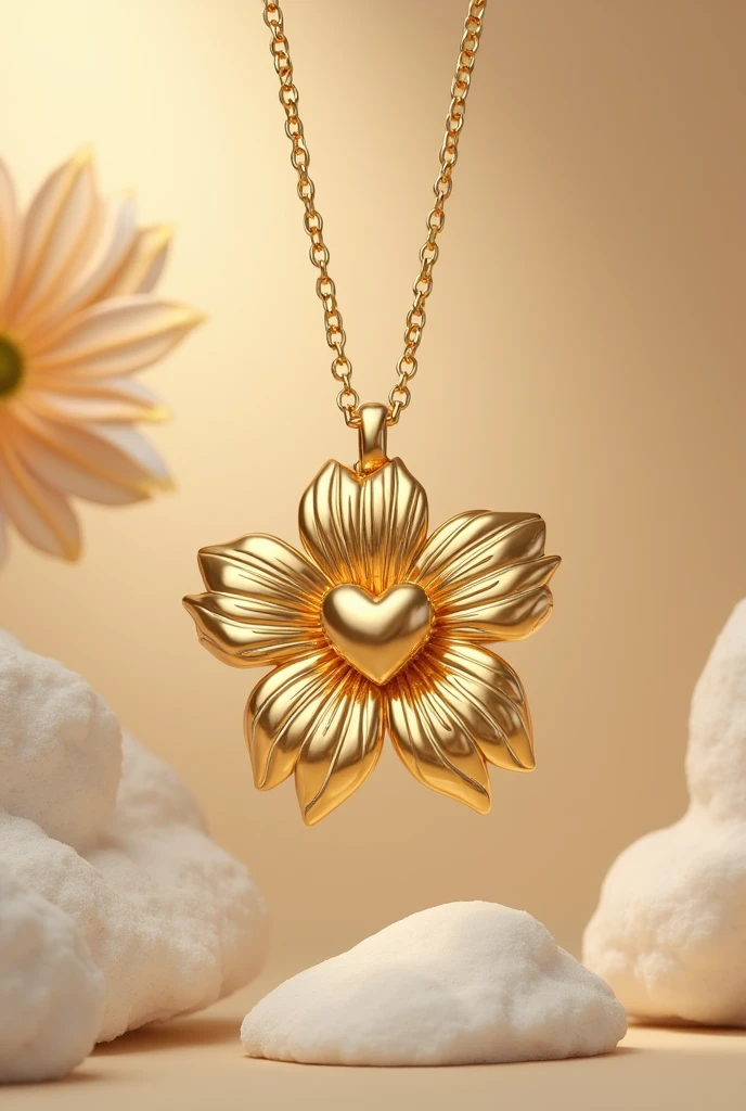 Gold flower pendant and gold heart pendant combined and create one pendant, only flower in heart middle, no space in the pendant 